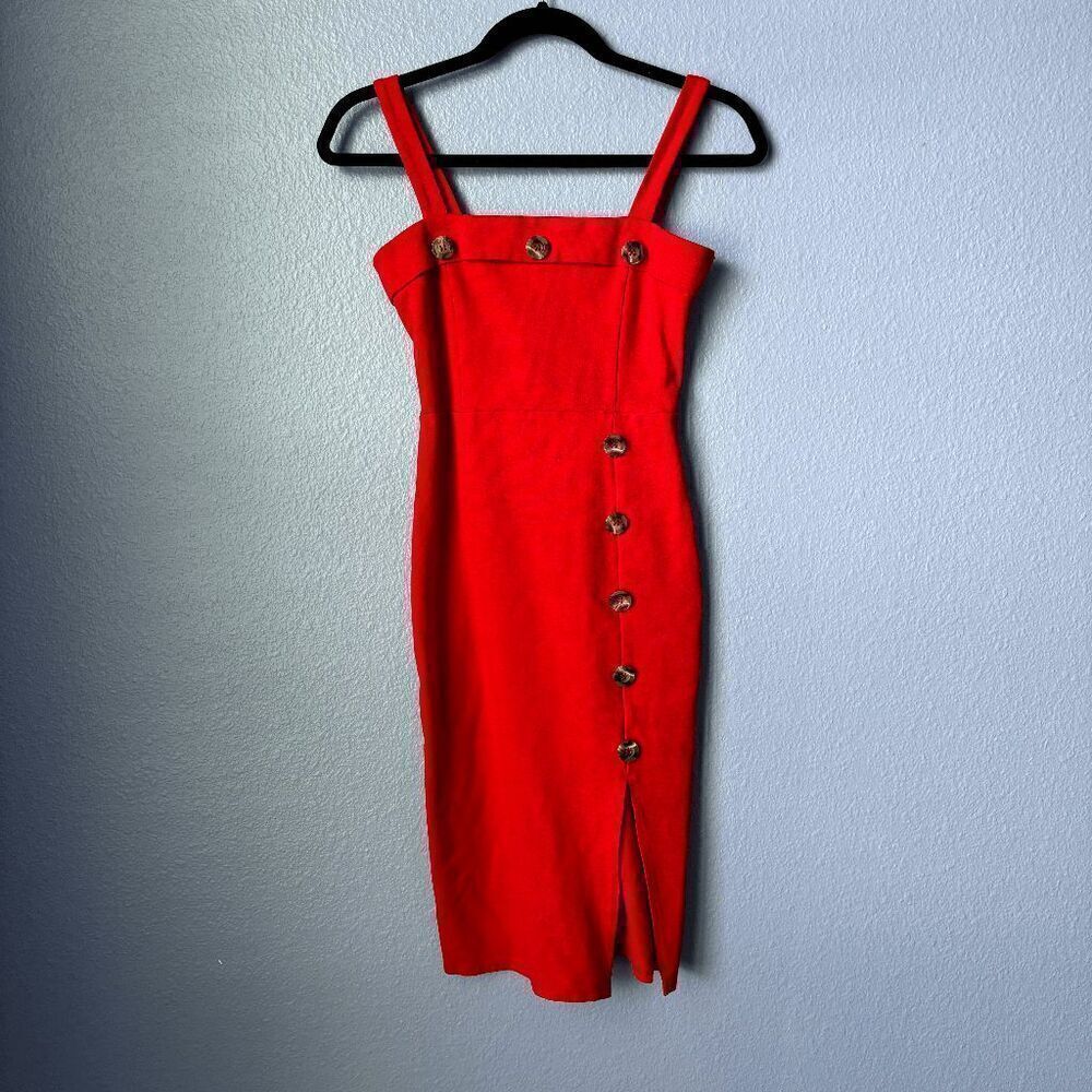 Stella Luce Dress Sexy Red Midi Button Accent Leg Slit Sleeveless Cocktail Party